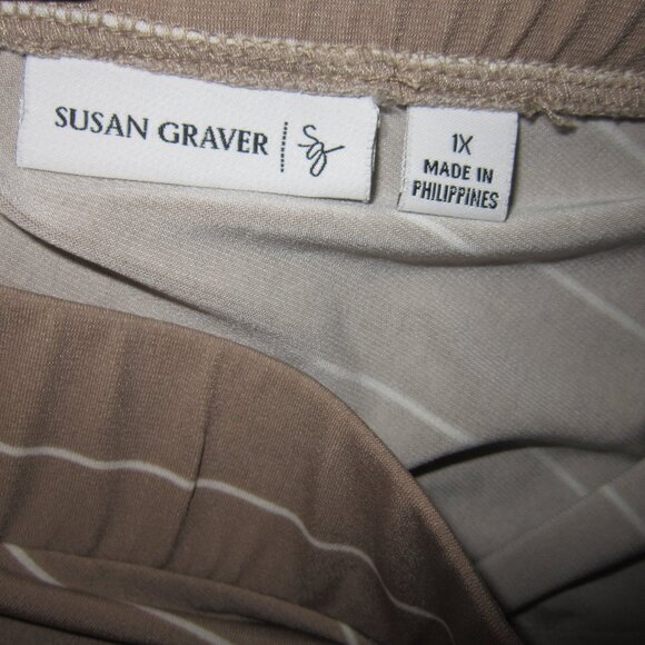 Susan Graver Plus 1X Midi Skirt Stretch Poly Striped Elastici Waist Pull On Tan - Picture 3 of 3